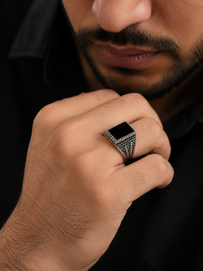 Vintage Black Stone Square Men's Ring | Antique Silver Statement Ring | Fashion Nagar