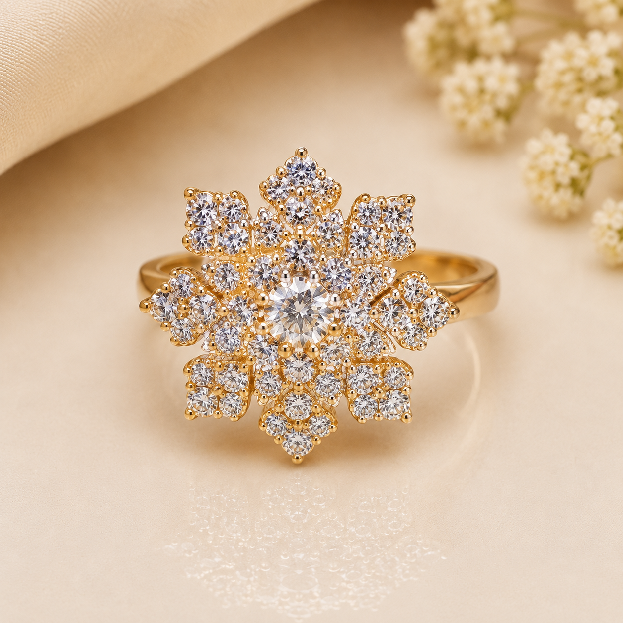 Luxury Gold Plated Snowflake Crystal Statement Ring for Women | Adjustable Fashion Ring
