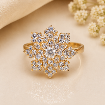 Luxury Gold Plated Snowflake Crystal Statement Ring for Women | Adjustable Fashion Ring