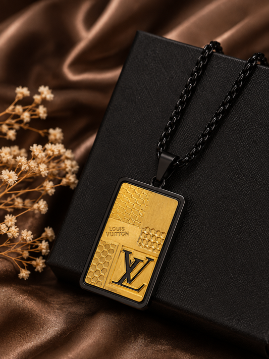 Men’s Luxury Gold Pendant Necklace – Black Stainless Steel LV Style Designer Pendant