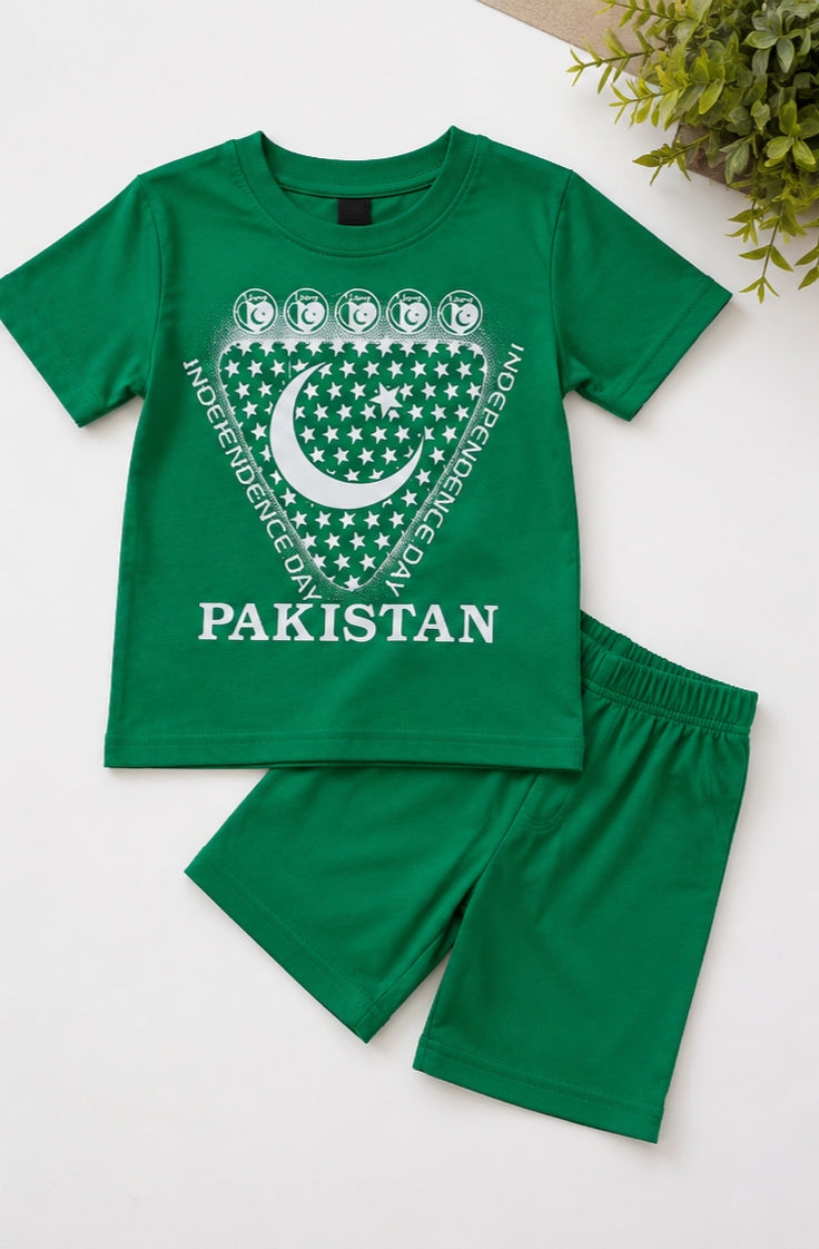 Kids Pakistan Independence Day Green T-Shirt & Shorts Set - 14th August Azadi Collection