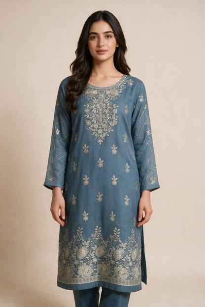 Women’s Blue Pure Chiffon 2-Piece Suit – Elegant Embroidered Pakistani Dress