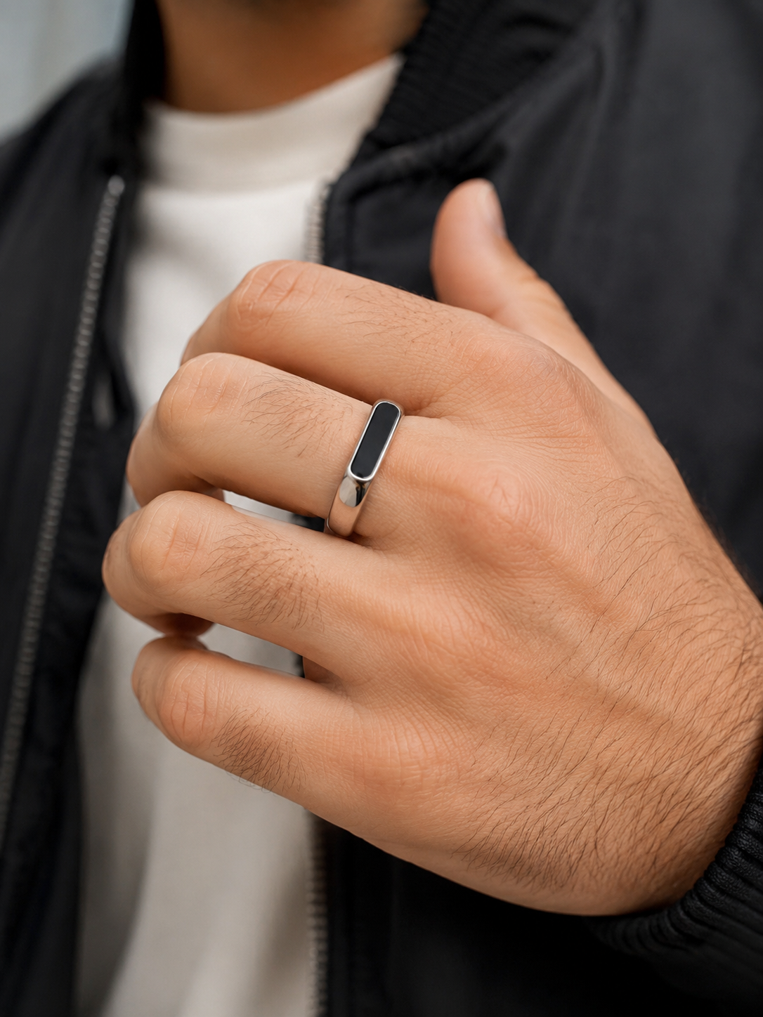 Men’s Silver Black Enamel Minimalist Ring – Modern Stainless Steel Fashion Jewelry