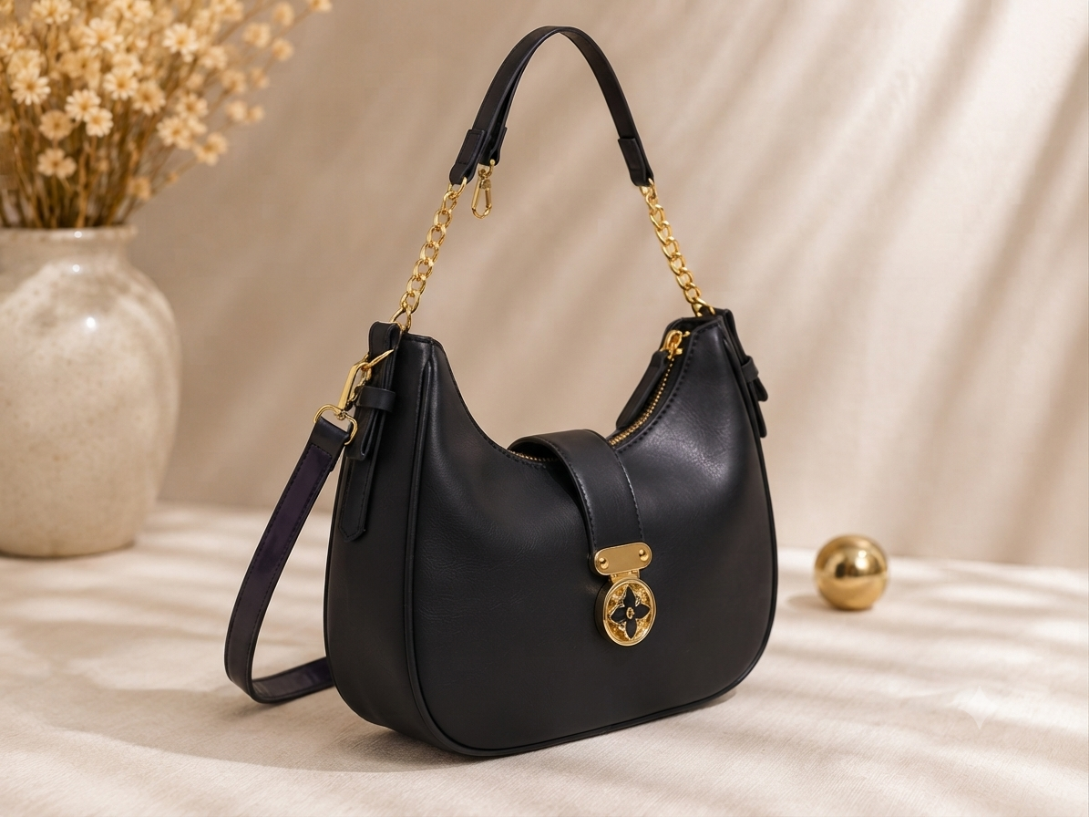 Designer Black Women Hobo Shoulder Bag with Gold Chain & Logo Clasp