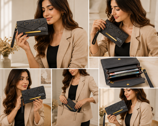 Elegant Black Quilted Women Long Wallet & Clutch with Wrist Strap