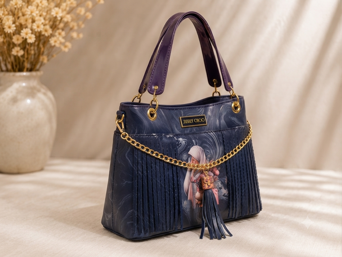 Designer Navy Blue Women Tote Bag with Gold Chain, Fringe Detail & Shoulder Strap