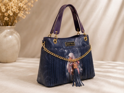 Designer Navy Blue Women Tote Bag with Gold Chain, Fringe Detail & Shoulder Strap
