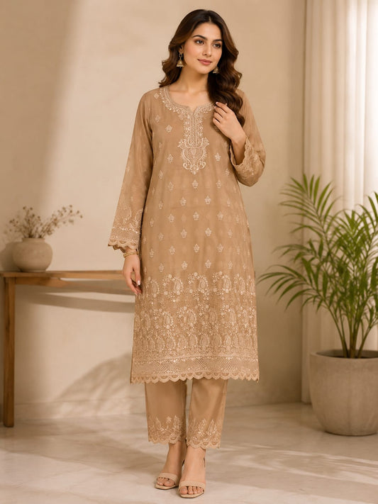 Elegant Beige Embroidered 2-Piece Lawn Suit with Matching Dupatta – Pakistani Women’s Unstitched Dress