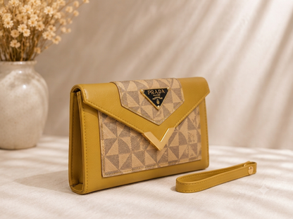 Designer Mustard Women Long Wallet & Clutch with Geometric Pattern & Wrist Strap