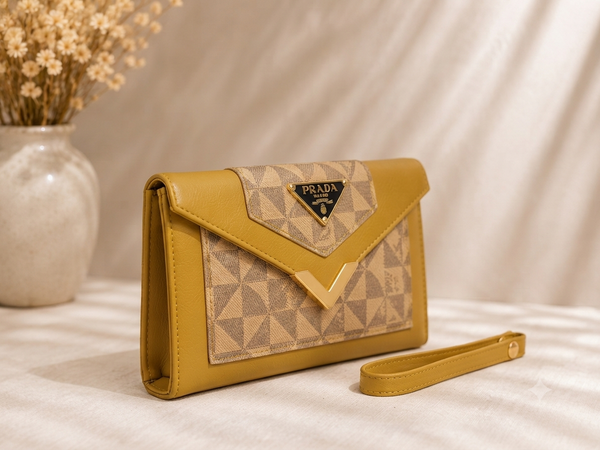 Designer Mustard Women Long Wallet & Clutch with Geometric Pattern & Wrist Strap