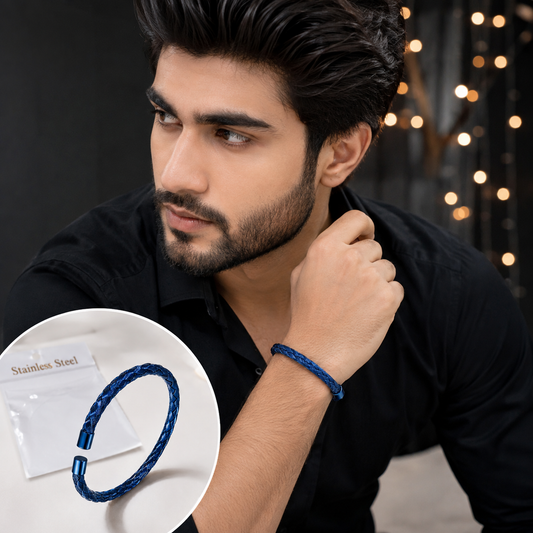 Premium Blue Braided Stainless Steel Open Cuff Bracelet for Men & Women | Adjustable Minimalist Bangle