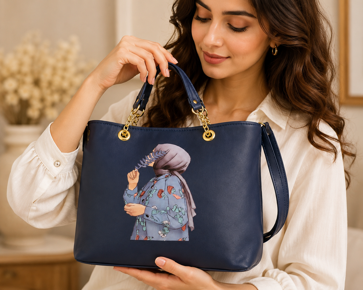 Elegant Navy Blue Women Tote Bag with Artistic Printed Design & Shoulder Strap