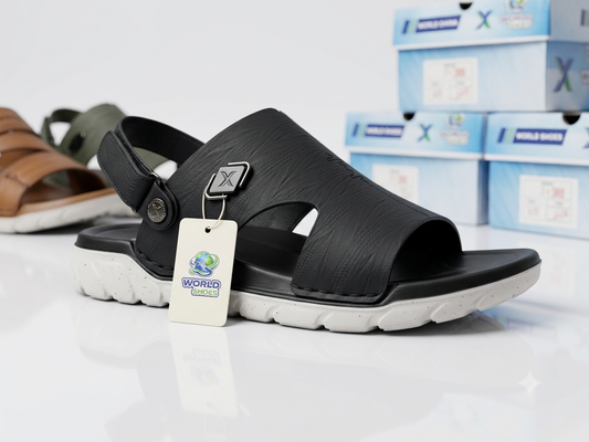 World Shoes Men's Comfort Leather Sandals - Premium Black Casual Chappal