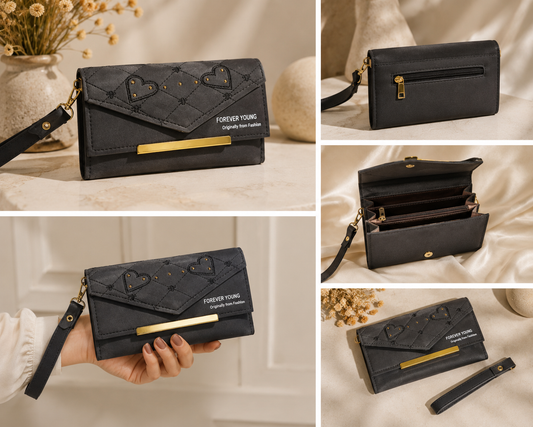 Elegant Black Quilted Women Long Wallet & Clutch with Wrist Strap