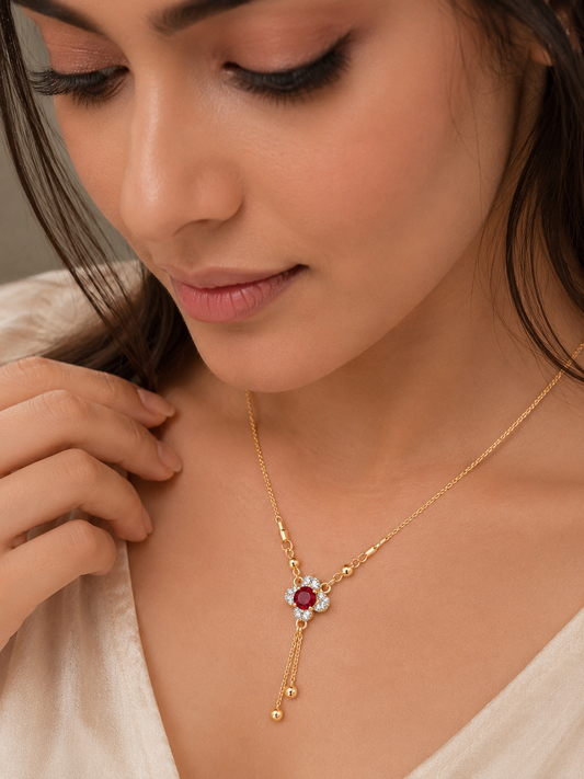 Elegant Gold Ruby Floral Pendant Necklace with Crystal Accents for Women