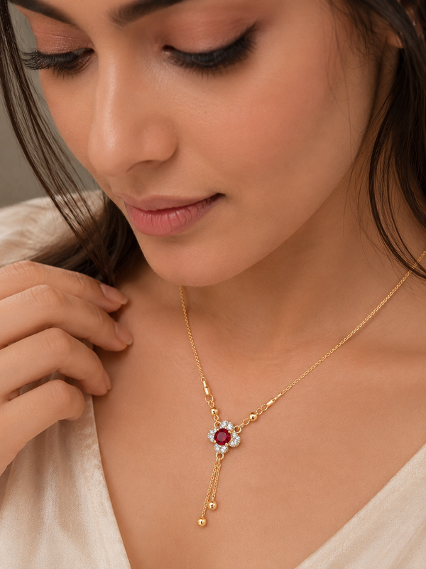 Elegant Gold Ruby Floral Pendant Necklace with Crystal Accents for Women