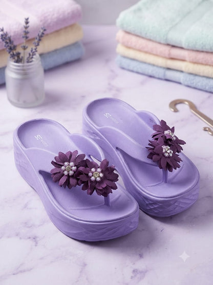Women’s Lavender Floral Platform Flip Flops – Stylish Comfortable Summer Sandals