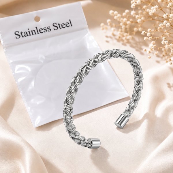 Silver Braided Stainless Steel Cuff Bracelet – Elegant Minimalist Bangle for Women
