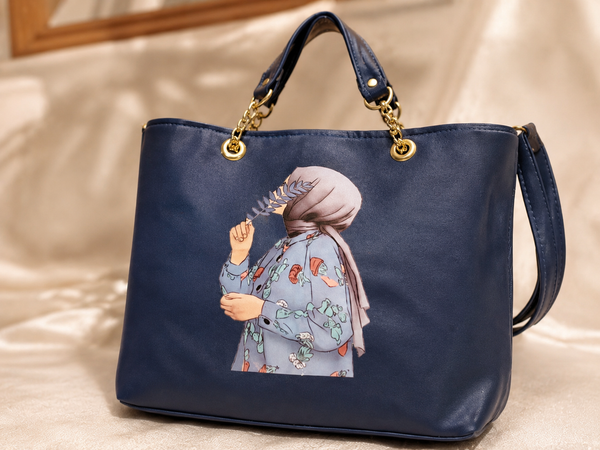 Elegant Navy Blue Women Tote Bag with Artistic Printed Design & Shoulder Strap