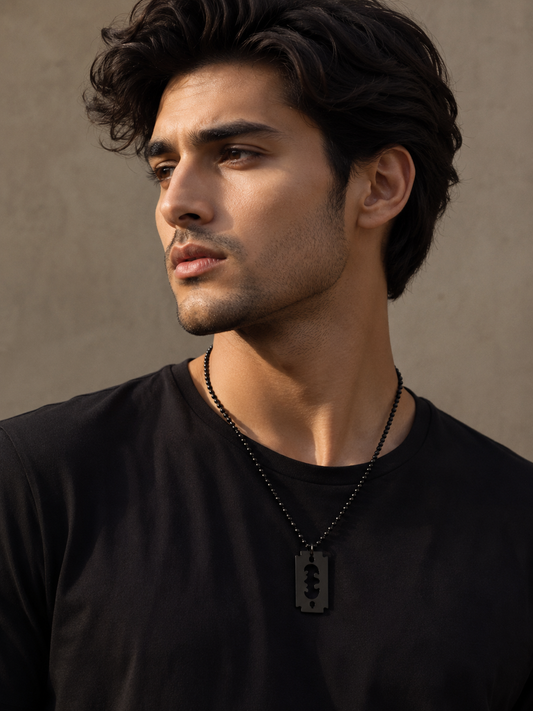 Men’s Black Razor Blade Pendant Necklace – Gothic Stainless Steel Statement Jewelry