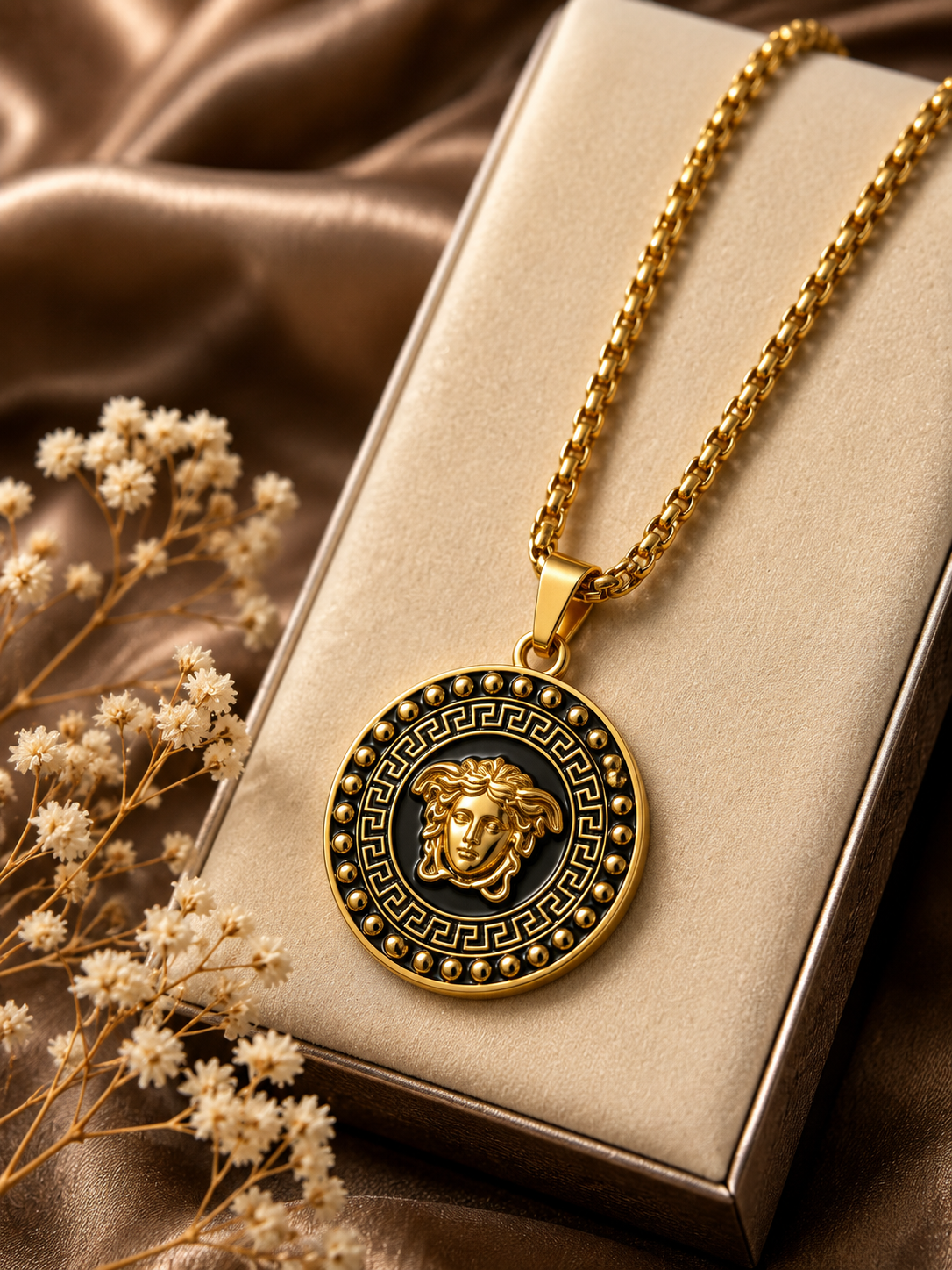 Men’s Gold Medusa Greek Key Pendant Necklace – Vintage Roman Style Statement Jewelry