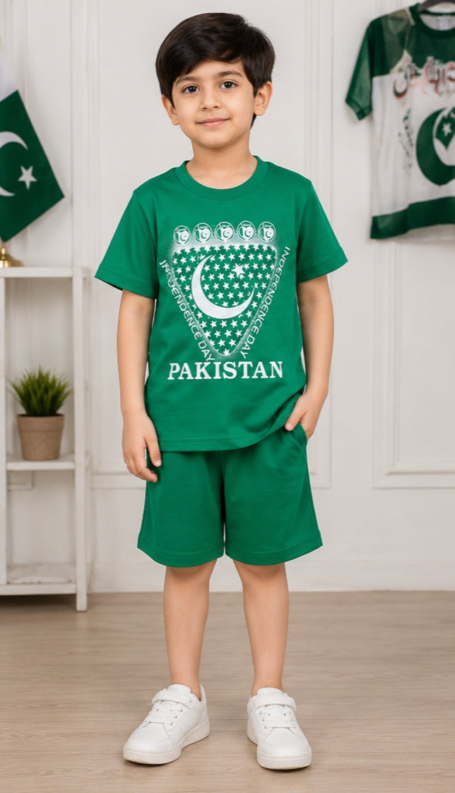 Kids Pakistan Independence Day Green T-Shirt & Shorts Set - 14th August Azadi Collection