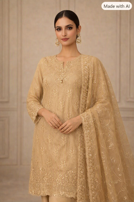 Elegant Embroidered Beige Pakistani Lawn Suit with Organza Dupatta