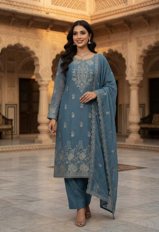 Women’s Blue Pure Chiffon 2-Piece Suit – Elegant Embroidered Pakistani Dress