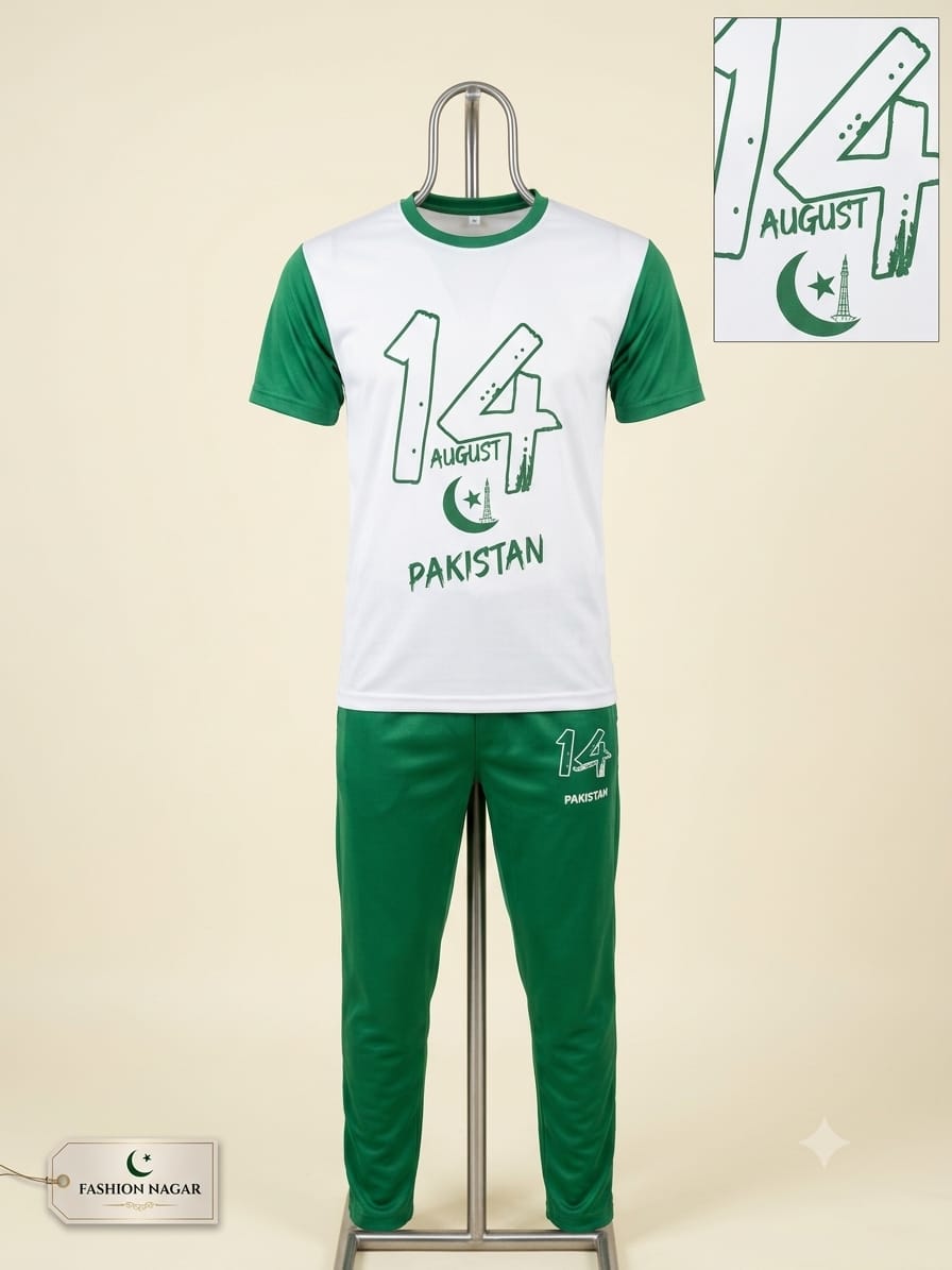 14 August Pakistan Independence Day T-Shirt & Jogger Set – Green & White 2-Piece Outfit