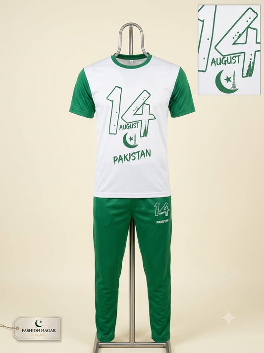 14 August Pakistan Independence Day T-Shirt & Jogger Set – Green & White 2-Piece Outfit