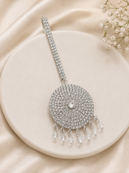 Silver Rhinestone Round Statement Hand Harness with Crystal Bead Dangles