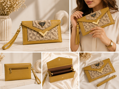 Designer Mustard Women Long Wallet & Clutch with Geometric Pattern & Wrist Strap
