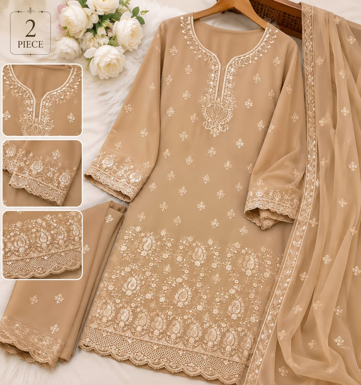 Elegant Beige Embroidered 2-Piece Lawn Suit with Matching Dupatta – Pakistani Women’s Unstitched Dress