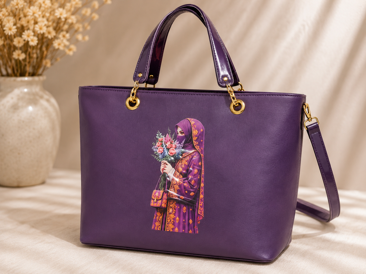 Elegant Purple Women Tote Bag with Artistic Printed Design & Shoulder Strap
