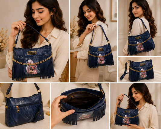 Designer Navy Blue Women Tote Bag with Gold Chain, Fringe Detail & Shoulder Strap