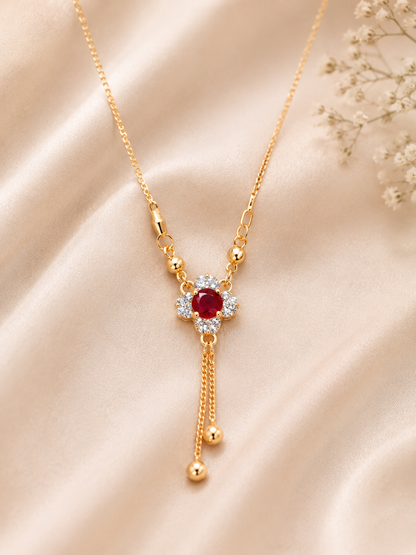 Elegant Gold Ruby Floral Pendant Necklace with Crystal Accents for Women