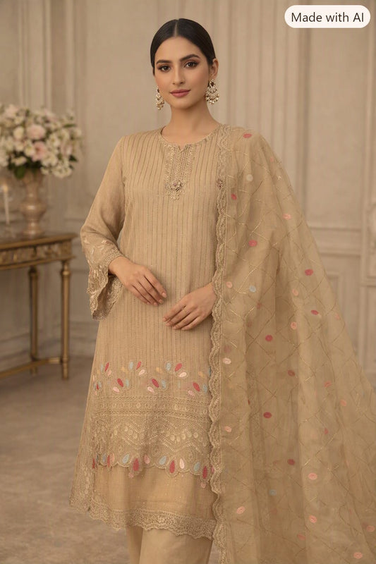 Elegant Beige Embroidered Lawn Suit with Organza Dupatta – 2 Piece Pakistani Dress