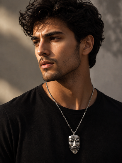 Men’s Silver Mask Pendant Necklace – Vintage Gothic Stainless Steel Statement Jewelry