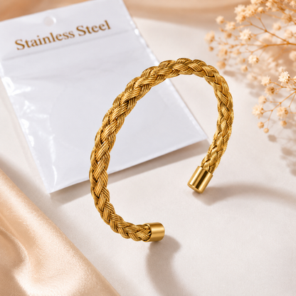 Gold Braided Stainless Steel Cuff Bracelet – Elegant Minimalist Bangle for Women