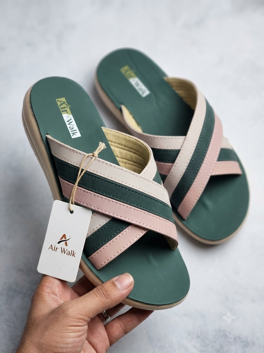 Air Walk Women's Soft Cushion Cross-Strap Sandals - Green & Pink Casual Slippers