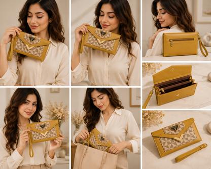 Designer Mustard Women Long Wallet & Clutch with Geometric Pattern & Wrist Strap