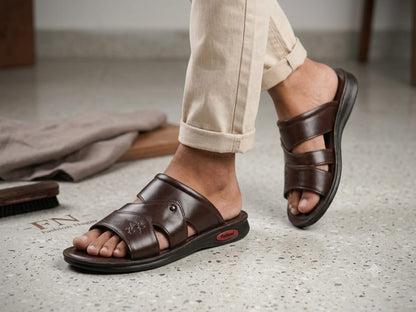 Men’s Premium Brown Leather Look Comfort Sandals – Stylish Casual Slip-On Footwear