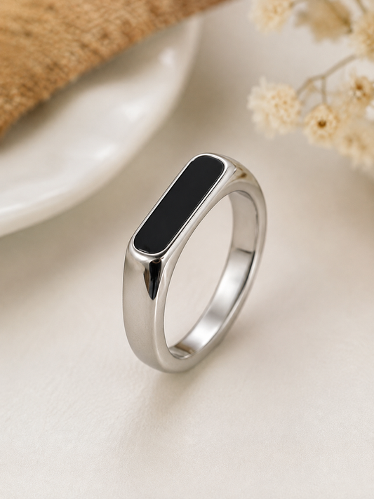 Men’s Silver Black Enamel Minimalist Ring – Modern Stainless Steel Fashion Jewelry