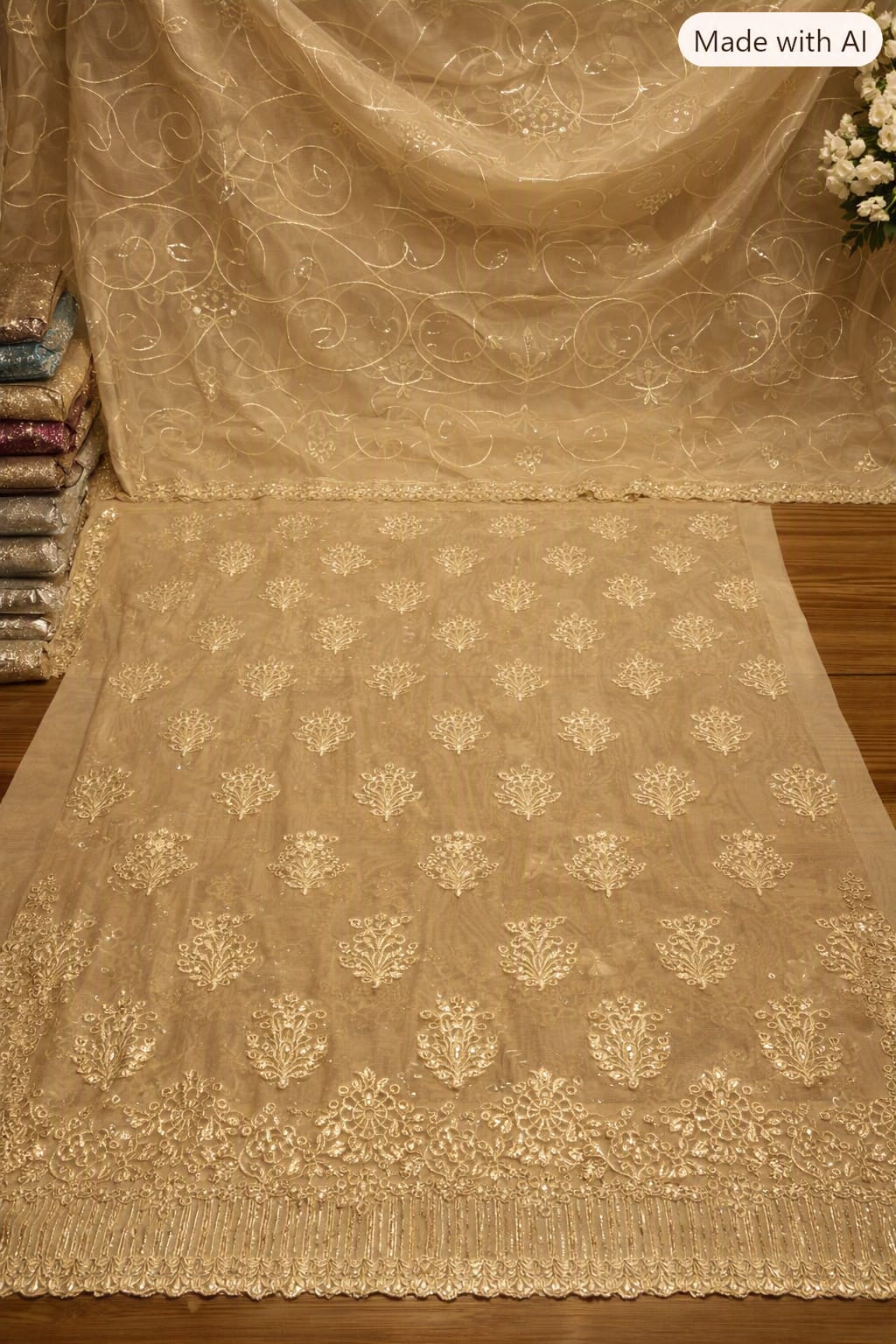 Elegant Embroidered Beige Pakistani Lawn Suit with Organza Dupatta