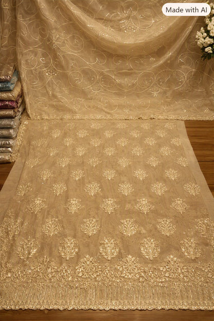 Elegant Embroidered Beige Pakistani Lawn Suit with Organza Dupatta