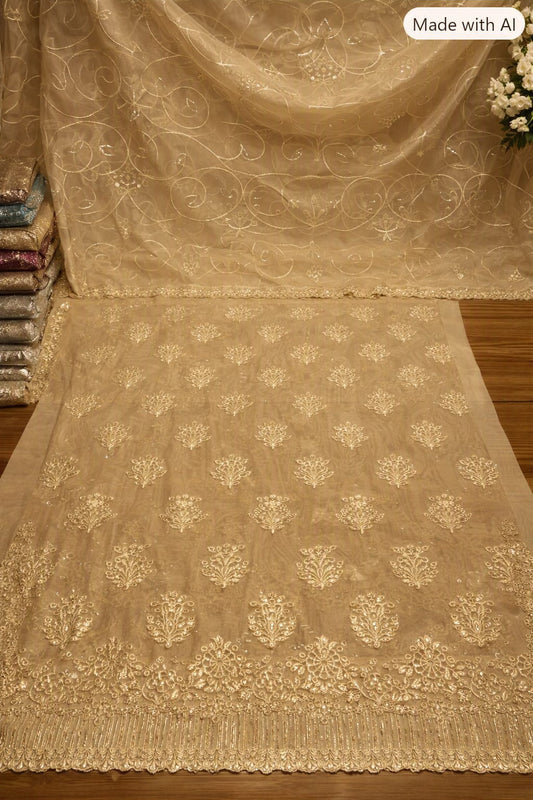 Elegant Embroidered Beige Pakistani Lawn Suit with Organza Dupatta