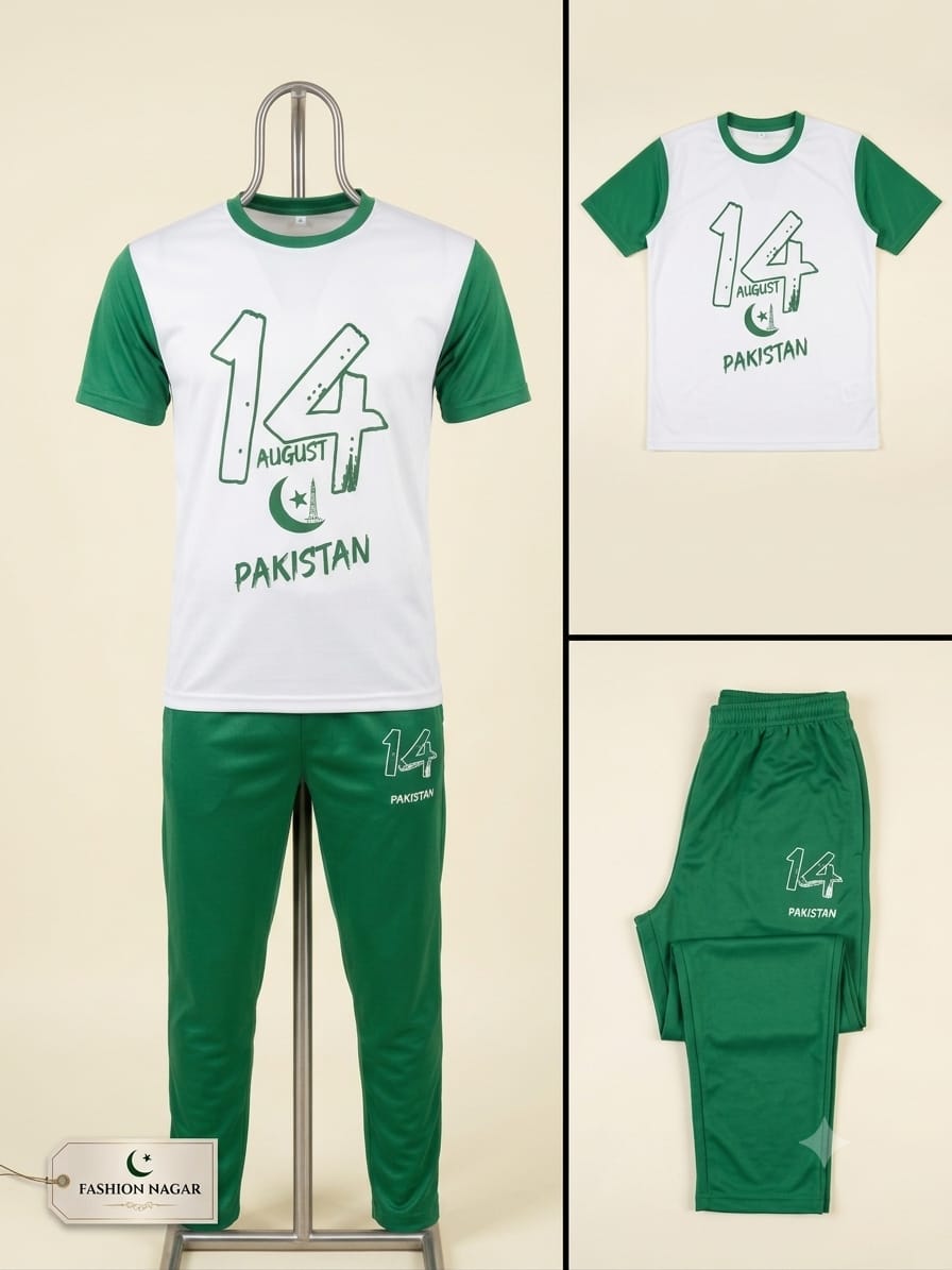 14 August Pakistan Independence Day T-Shirt & Jogger Set – Green & White 2-Piece Outfit