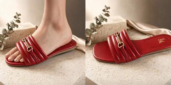 Women’s Red Flat Slide Sandals – Elegant Chain Detail Casual Slippers