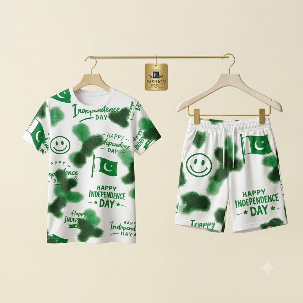 Kids’ Pakistan Independence Day T-Shirt & Shorts Set – Green & White Patriotic Summer Outfit