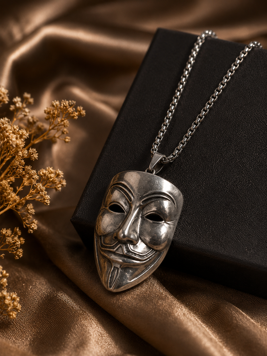 Men’s Silver Mask Pendant Necklace – Vintage Gothic Stainless Steel Statement Jewelry